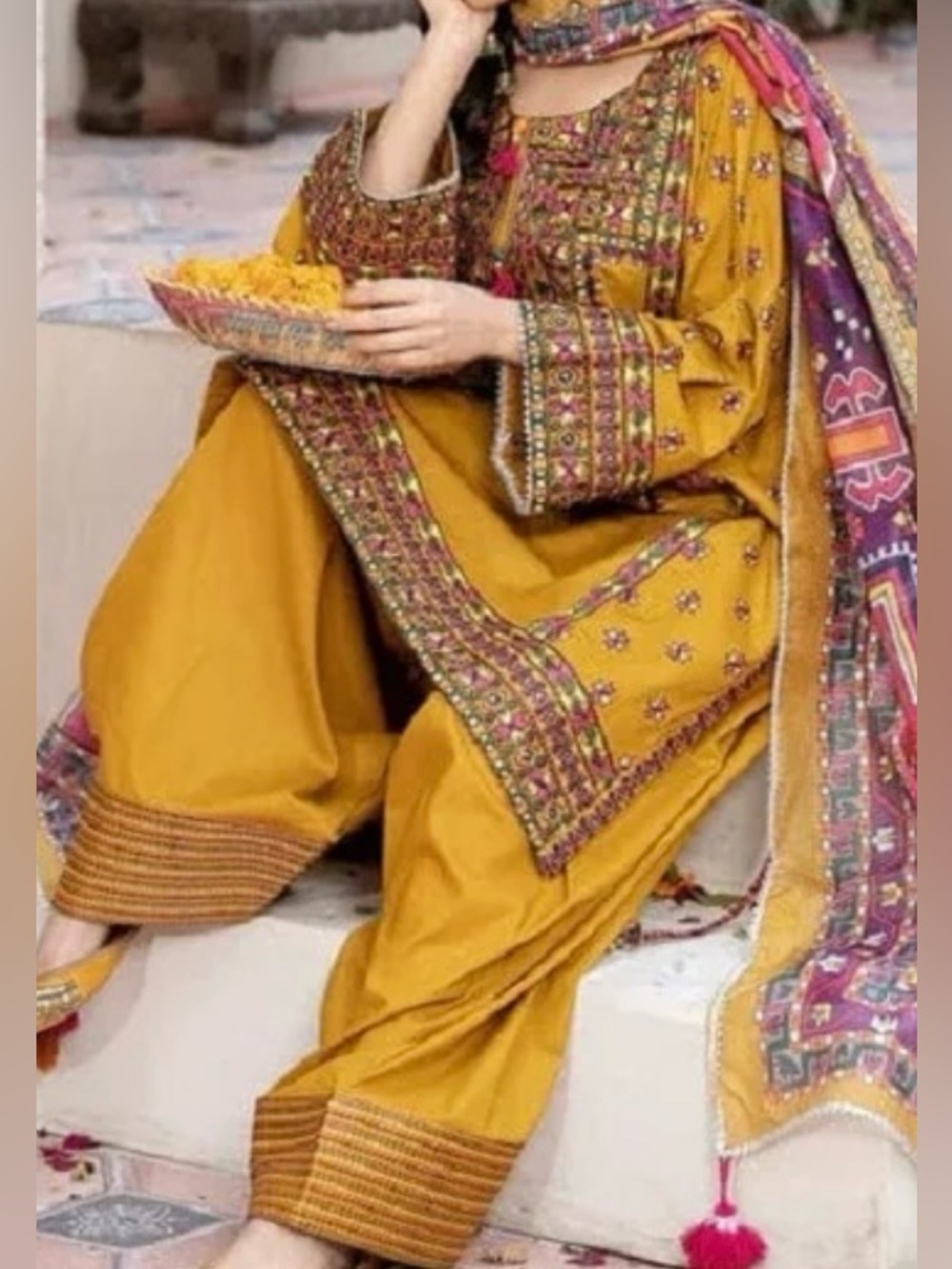 Pakistani/Indian Women’s Mustard 3-Piece Cotton Farshi Shalwar Kameez Set